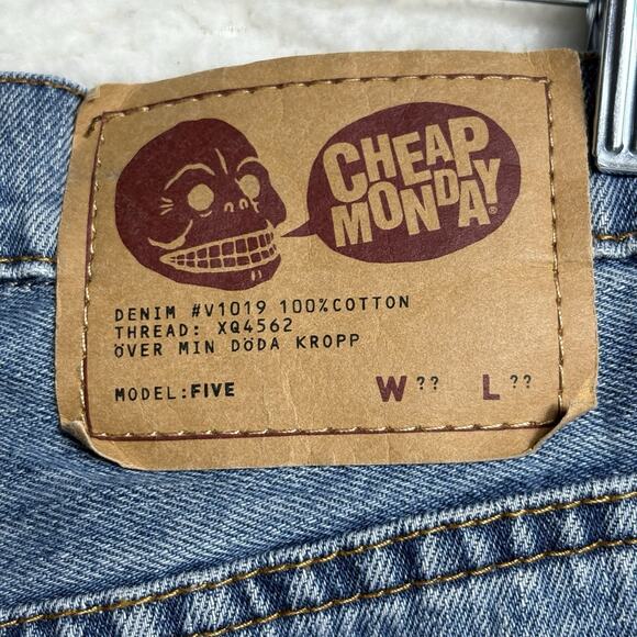 Cheap Monday Five Unwash Blue Straight Jeans 30 x 30 Button Fly Skull Straight - Picture 8 of 16